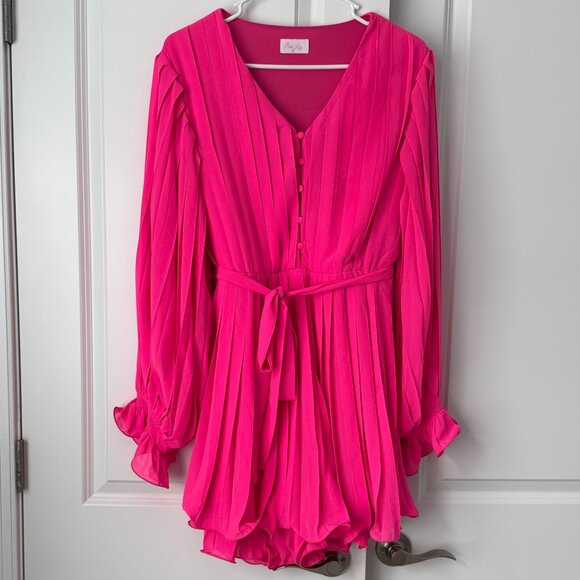 Pink Lily Pleated Romper in Vibrant Pink Size Medium - Picture 3 of 8